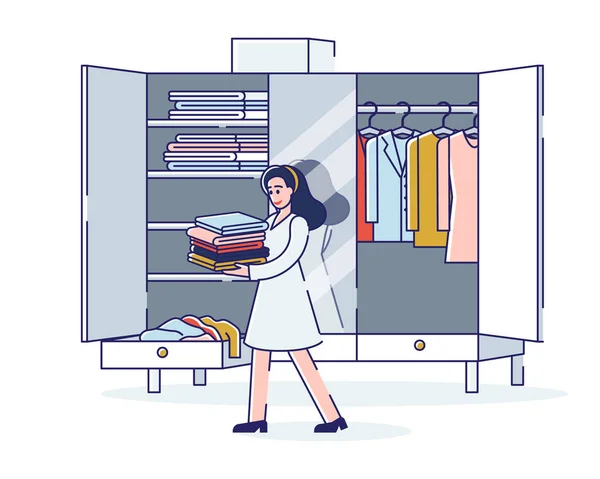 Mulher organizando guarda-roupa de embalagem ou desembalagem de roupas antes de viajar ou se mudar para a nova casa —  Vetores de Stock