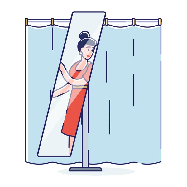 Mujer probándose un vestido nuevo mirando en el espejo en el probador de la tienda de moda o boutique — Vector de stock