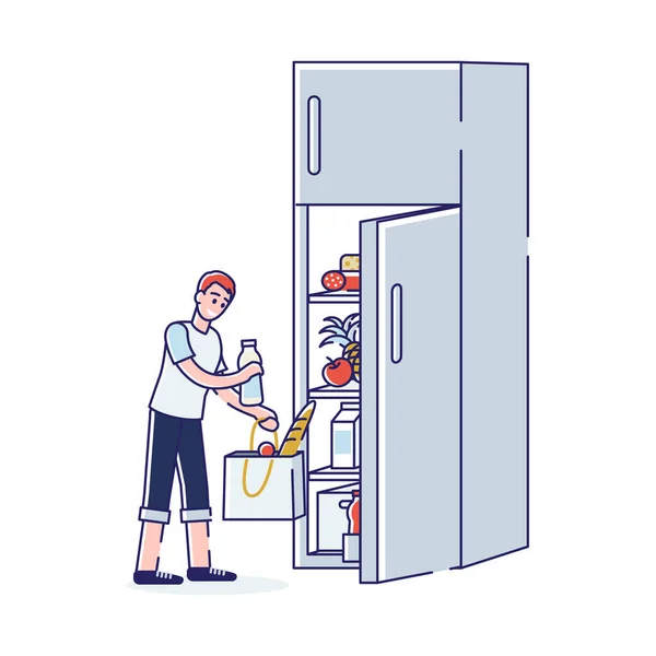 冰箱里的食物男孩在冰箱里买东西后在厨房里放东西 — 图库矢量图片