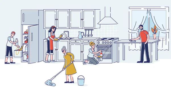 Família cozinha de limpeza juntos. Pais, avó e filhos fazendo tarefas domésticas — Vetor de Stock