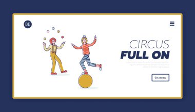 Palyaçoların top üzerinde hokkabazlık ve denge yaptığı sirk iniş sayfası tasarımı