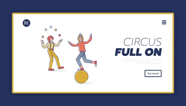 Diseño de página de aterrizaje de circo con payasos haciendo malabarismos y equilibrando en la pelota — Vector de stock