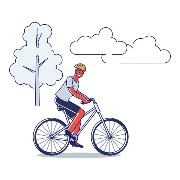 Uomo afroamericano in bicicletta. Cartone animato maschio in casco in bicicletta cavalcando paesaggio naturale — Vettoriale Stock