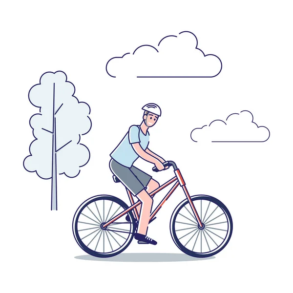 Un uomo in bicicletta. Cartone animato personaggio maschile in casco in bicicletta in sella all'aperto — Vettoriale Stock