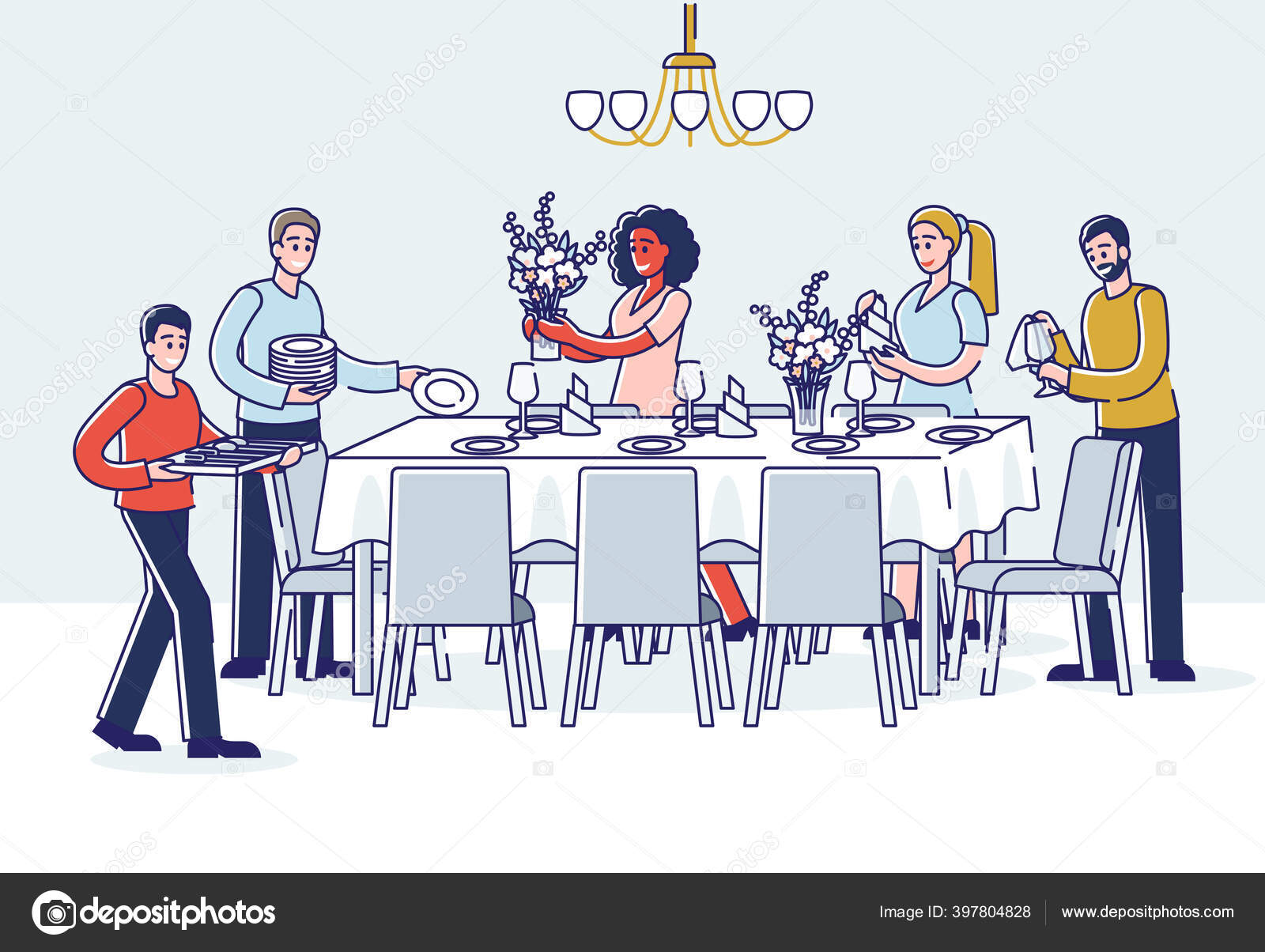 저녁 식사에 식탁에 앉아 있는 사람들 입니다. 접시, 안경, 꽃을 식탁에 놓는 남녀들 스톡 벡터 - ©zuperia 397804828, image size:1600x1204