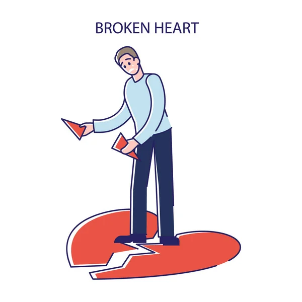Een man met een gebroken hart. Droevige man na het uiteenvallen van de liefdesrelatie of echtscheiding depressief — Stockvector
