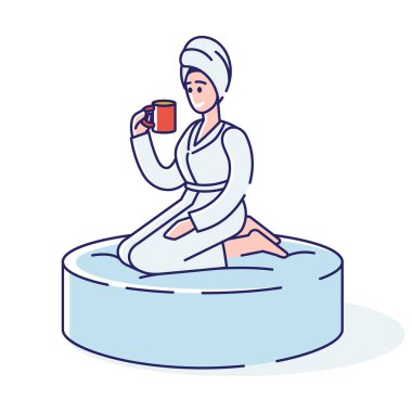 Havlu ve bornozlu rahat bir kadın banyo üstüne çay içer, masaj yaptırır ya da spa salonunda saunaya gider.