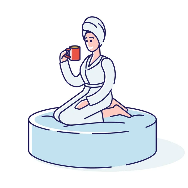 Entspannte Frau in Handtuch und Bademantel trinkt Tee nach dem Bad, entspannende Massage oder Sauna im Wellnessbereich — Stockvektor