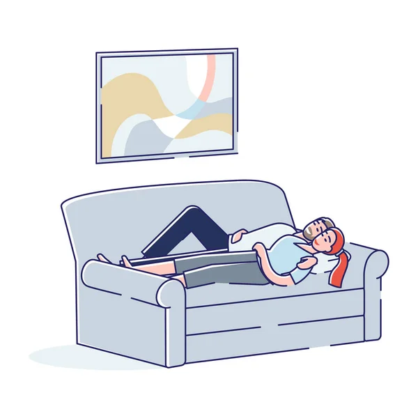 Några sover på soffan i vardagsrummet. Man och kvinna ljuger omfamna på soffan tupplur — Stock vektor