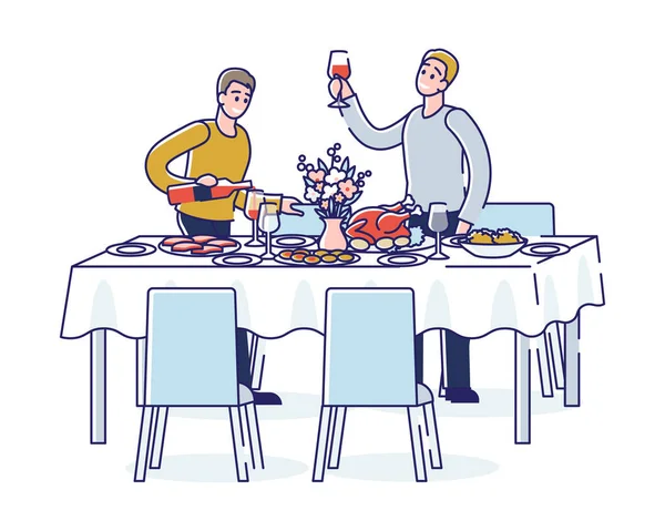 Pessoas torradas durante o evento de férias ou banquete corporativo. Festa de celebração com dois homens saúde — Vetor de Stock