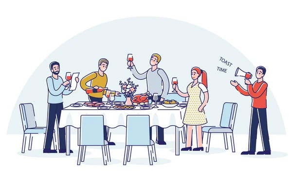 Az emberek ünnepi vacsoraasztalnál álldogálnak. Rajzfilm barátok vagy kollégák ünneplik — Stock Vector