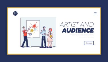 Çağdaş sanat galerisi web sitesi açılış sayfası seyircilerin önünde sanat eseri oluşturan sanatçı