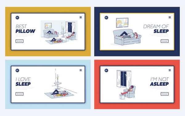 Set of people sleeping. Healthy sleep concept of landing pages for website design