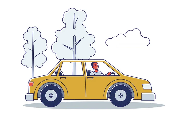 Uomo guida auto su strada su sfondo alberi. Cartoni animati veicolo di guida maschile in campagna — Vettoriale Stock