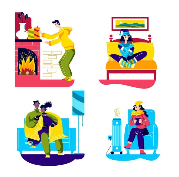 Persone che soffrono di freddo a casa: serie di cartoni animati in molto riscaldamento vestiti al camino o riscaldatore — Vettoriale Stock