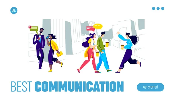 Mensen communiceren onderweg met smartphones of haasten zich naar hun werk. Template landingspagina — Stockvector