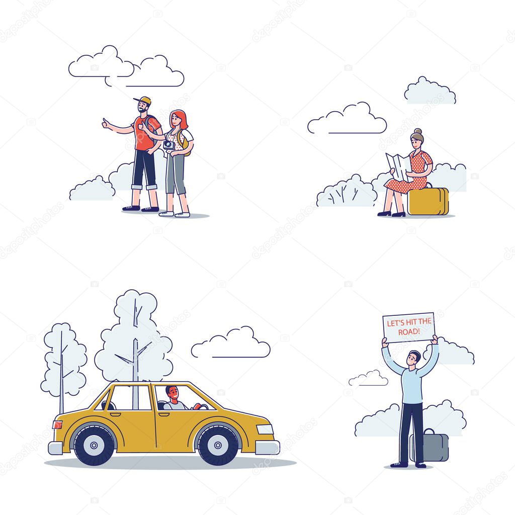 Set of hitchhiker characters: young males and females hiking cars on road while backpack travel