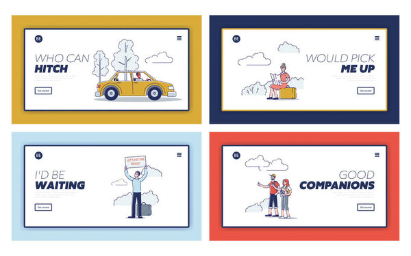 Set of landing pages with hitchhike travelers picking up cars on road. Hitchhikers travel