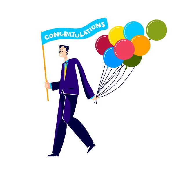 Hombre sosteniendo un montón de globos. Dibujos animados masculina felicitando con evento de vacaciones — Vector de stock