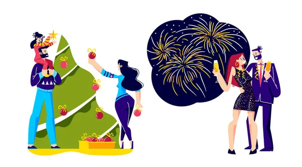 Illustration de Noël et du Nouvel An avec couple buvant du champagne et décorant en famille l'arbre de Noël — Image vectorielle