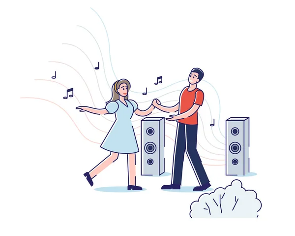 Pareja joven bailando al aire libre. Dibujos animados hombre y mujer danza disfrutando de la música — Vector de stock