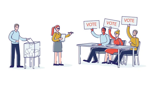 Elecciones y democracia: gente votando por el candidato y llenando encuestas — Archivo Imágenes Vectoriales
