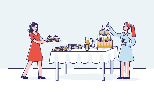 Födelsedag fest förberedelse med två kvinnor som serverar semester sött bord - stor tårta och cupcakes — Stock vektor