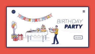 Doğum günü partisi hazırlığı ve dekorasyon iniş sayfası şablonu. Sürpriz kutlama konsepti
