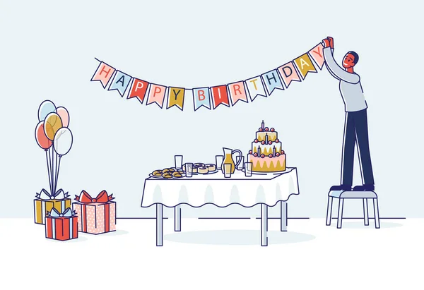 Homem sala de decoração para comemoração de aniversário pendurado guirlanda férias acima da mesa com bolo — Vetor de Stock