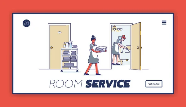 Otel odası ve koridorunda çalışan hizmetçilerin bulunduğu oda servisi iniş sayfası. — Stok Vektör
