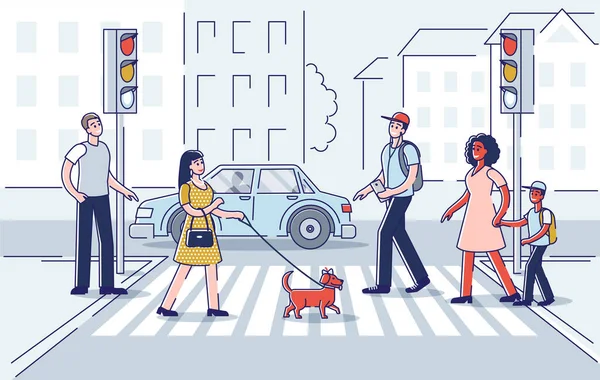 Cruce de caminos con un grupo de personas que se apresuran. Peatones de dibujos animados cruzando la calle — Vector de stock