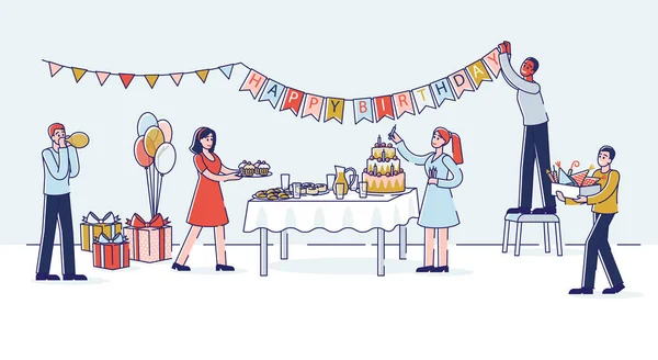 Préparation de fête d'anniversaire avec des personnes décoration de chambre et table de vacances avec gâteau — Image vectorielle