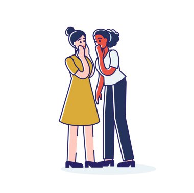 Beyaz arka planda iki kızın dedikodusu. Genç kadınlar konuşuyor.