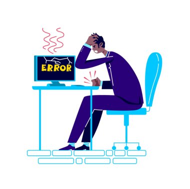 Sinirli ofis çalışanı ekranda hata mesajı ile bilgisayarın başında oturuyor