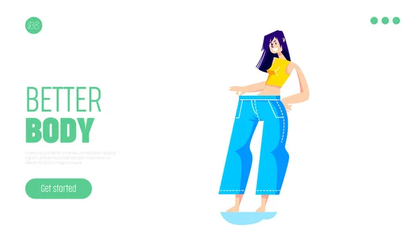 Gesunder Lebensstil und Abnehmen Website Landing Page mit schlankem Mädchen in Oversize Jeans — Stockvektor
