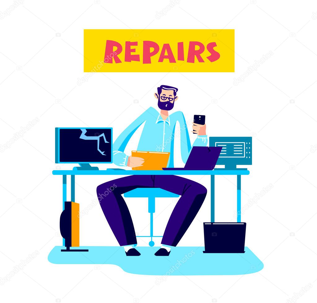 Computer repair service worker fixing devices: desktops, laptop, tablet