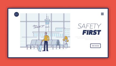 Havaalanı iniş sayfasında maske takan bir adamla sağlığın korunması ve güvenliği