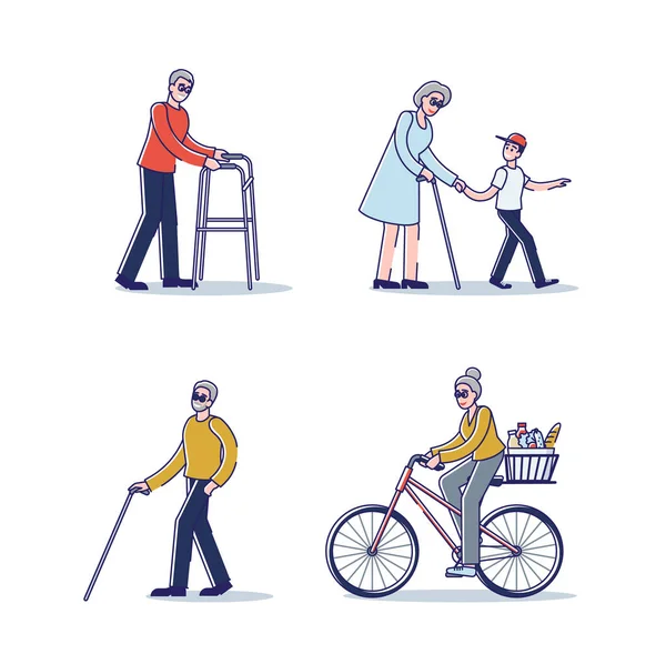 Senioren im Stehen, Gehen mit Stock oder Fahrradfahren. Aktive ältere Männer und Frauen — Stockvektor