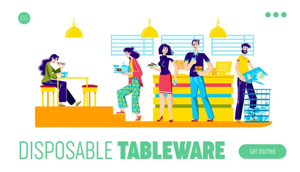 Conception jetable de page de renvoi de vaisselle avec les gens qui mangent dans le restaurant de restauration rapide — Image vectorielle
