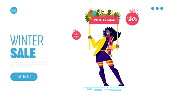 冬季销售登陆页面快乐女性卡通片举行圣诞打折海报 — 图库矢量图片