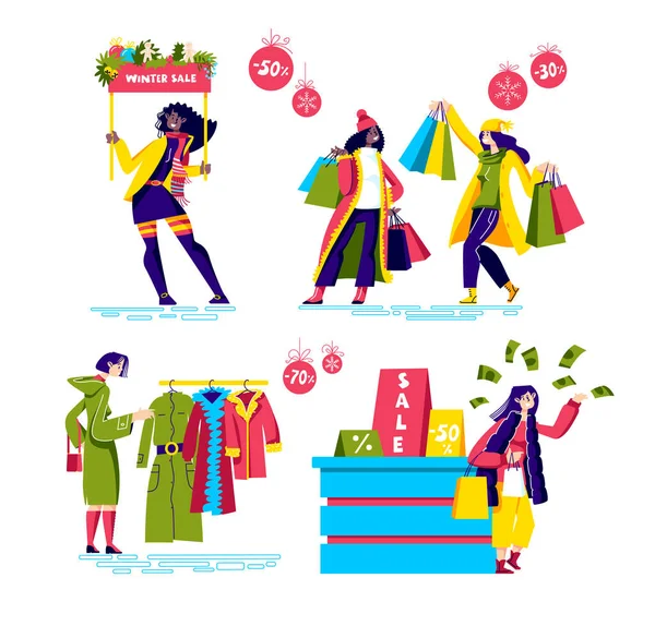 Compras de inverno conjunto de vendas com personagens femininos dos desenhos animados comprando roupas com descontos — Vetor de Stock