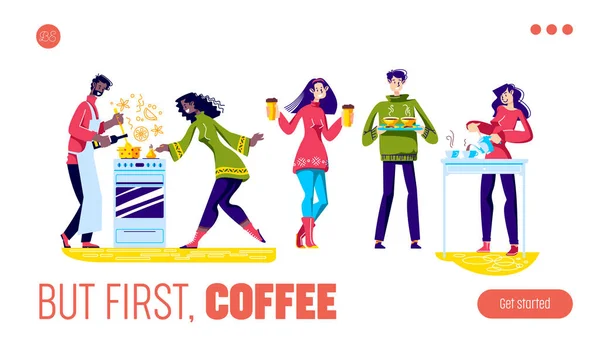 Первая целевая страница кофе с героями мультфильмов, готовящими горячие напитки — стоковый вектор