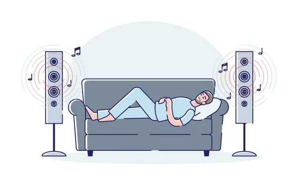 Homme écouter de la musique de haut-parleurs sonores modernes bruyamment couché sur le coach à la maison — Image vectorielle