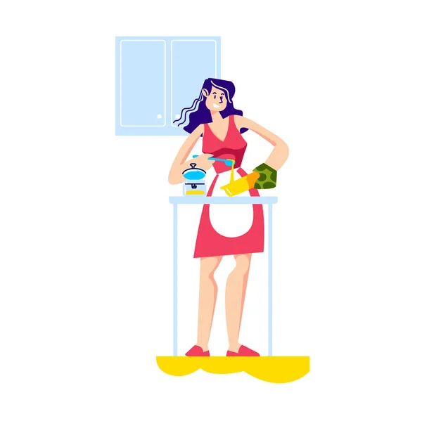 在厨房做饭吃饭的年轻女人.可爱的卡通片女厨师做饭 — 图库矢量图片