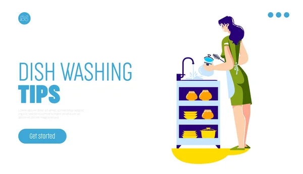 Landing page con concepto de consejos de lavado de platos. Banner web con limpieza de ama de casa y utensilios — Vector de stock