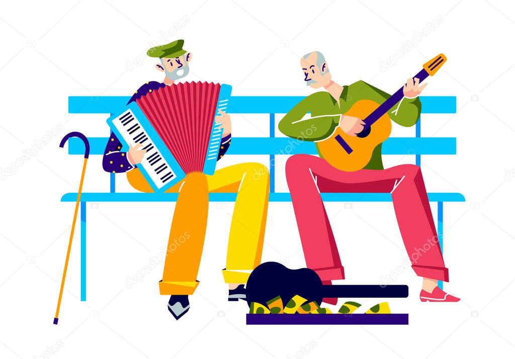 Old men street musicians playing on guitar and accordion sitting on bench outdoors