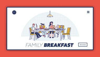 Aile kahvaltısı iniş sayfası. Aileler ve çocuklar sabah birlikte yemek yiyor.