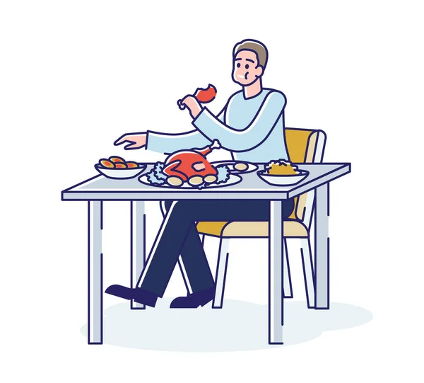 Голодный человек ест много еды в беспорядке сидя за столом с полным ртом — стоковый вектор