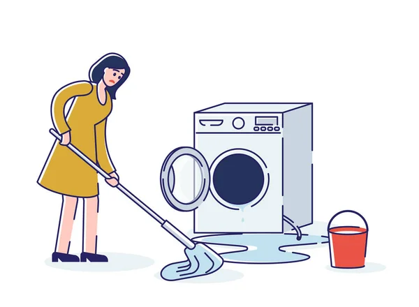 Σπασμένο πλυντήριο ρούχων έρεε και γυναίκα νοικοκυρά καθαρισμού νερού από το πάτωμα — Διανυσματικό Αρχείο