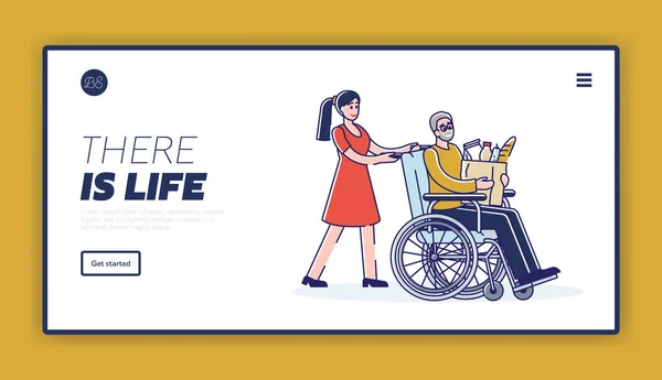 Volunteering girl helping old man on wheelchair with grocery shopping, template landing page — Stock Vector